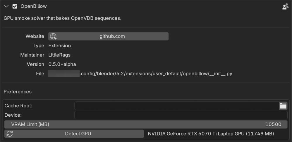 The OpenBillow add-on in Preferences